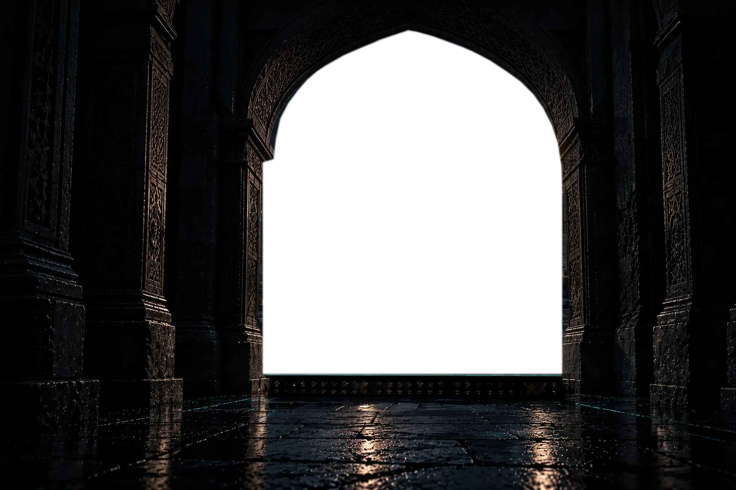 Aleppo Citadel at night, seen through a carved stone arch, with lines of cyan light running through the old stone — Neo Levant